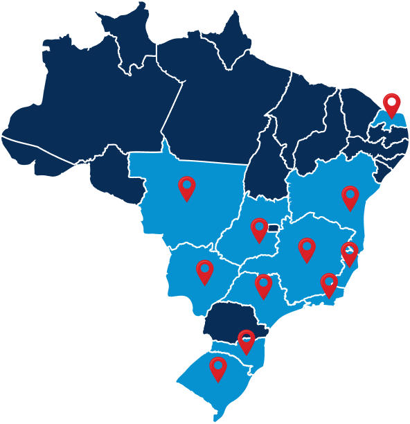Mapa do Brasil com a presença da Oficina das Tintas em 11 estados